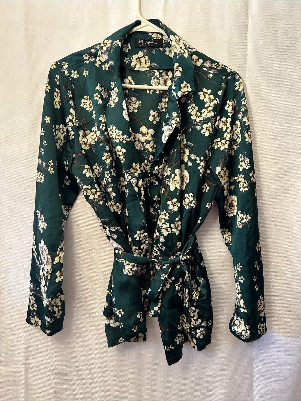 Green Floral Wrap Blouse‎ with Tie Waist Cherry Blossom Size M
